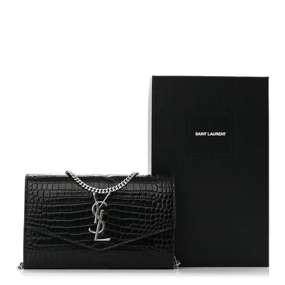 Saint Laurent Calfskin Crocodile Embossed Monogram Uptown Chain Wallet Black 11 of 11