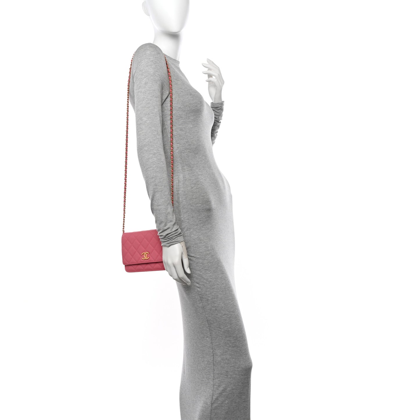 Caviar Quilted Textured CC Wallet On Chain WOC Pink