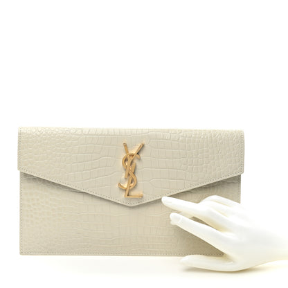 Saint Laurent Calfskin Crocodile Embossed Uptown Monogram Pouch Crema Soft 2 of 6