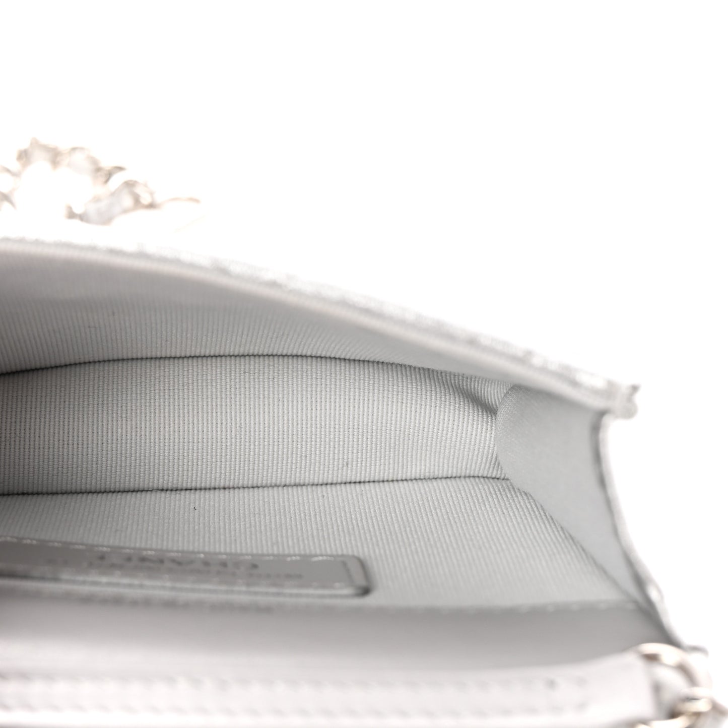 Metallic Goatskin Quilted Crystal CC Walk Of Fame Clutch With Chain Silver