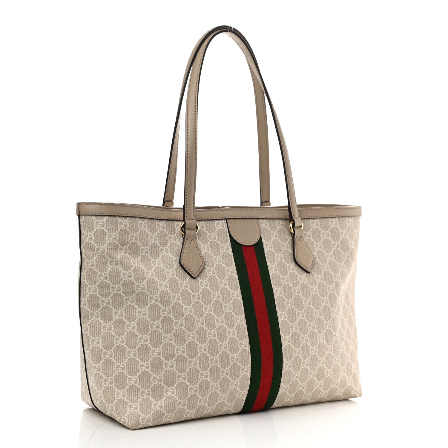 Gucci GG Supreme Monogram Textured Dollar Calfskin Web Medium Ophidia Shopping Tote Beige Mystic White Oatmeal 5 of 21
