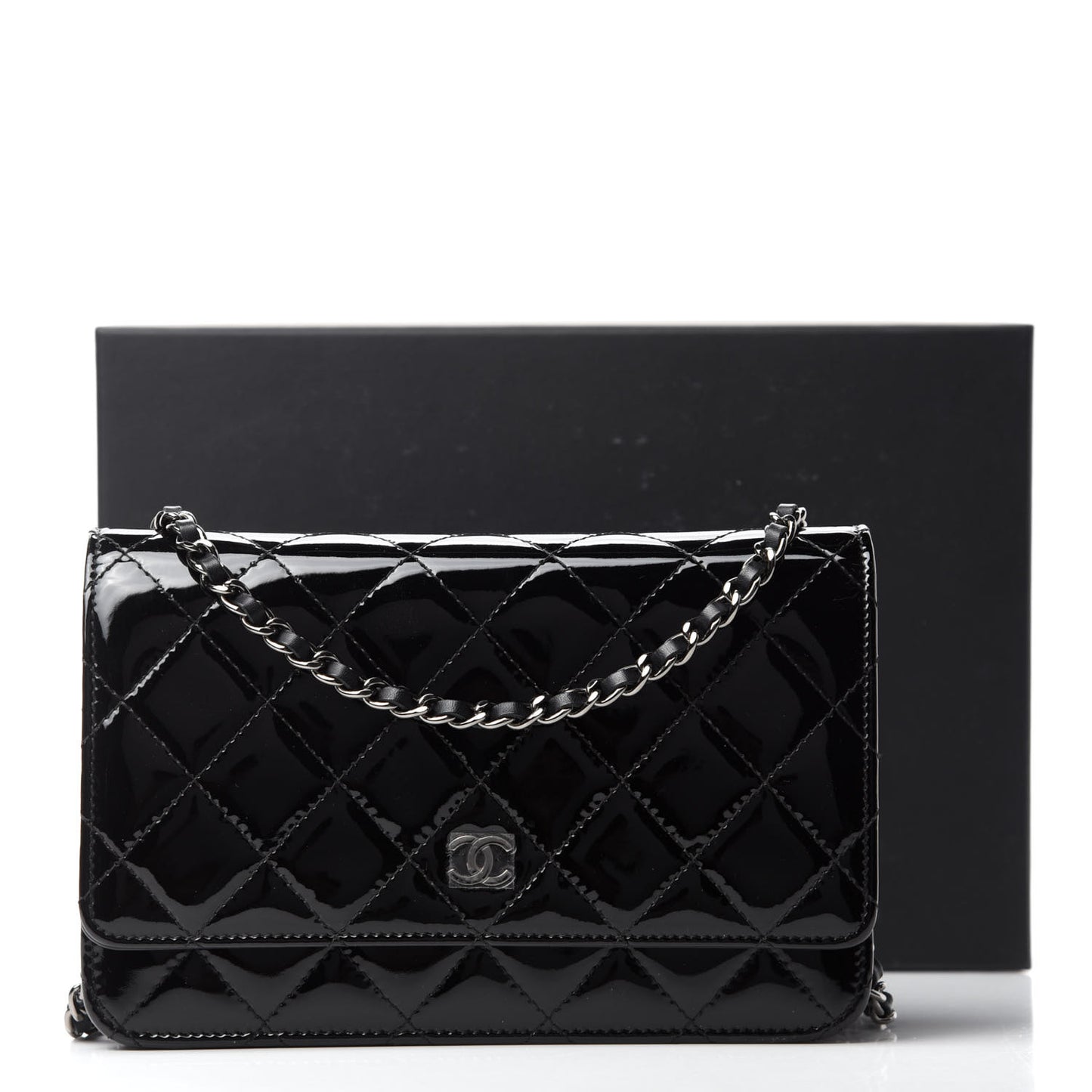 Patent Quilted Wallet On Chain WOC Black