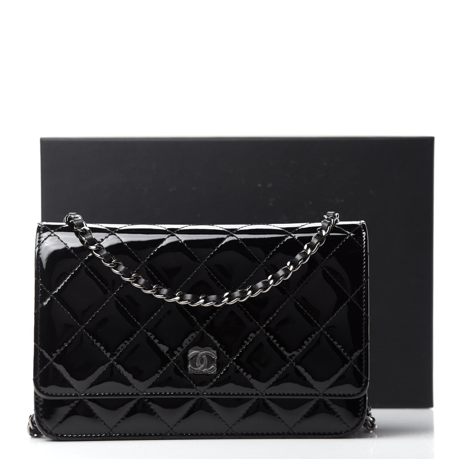 Chanel Patent Quilted Wallet On Chain WOC Black 13 of 13