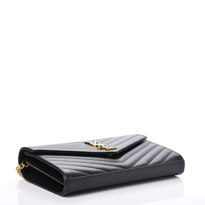 Saint Laurent Grain De Poudre Matelasse Chevron Monogram Chain Wallet Black 4 of 9