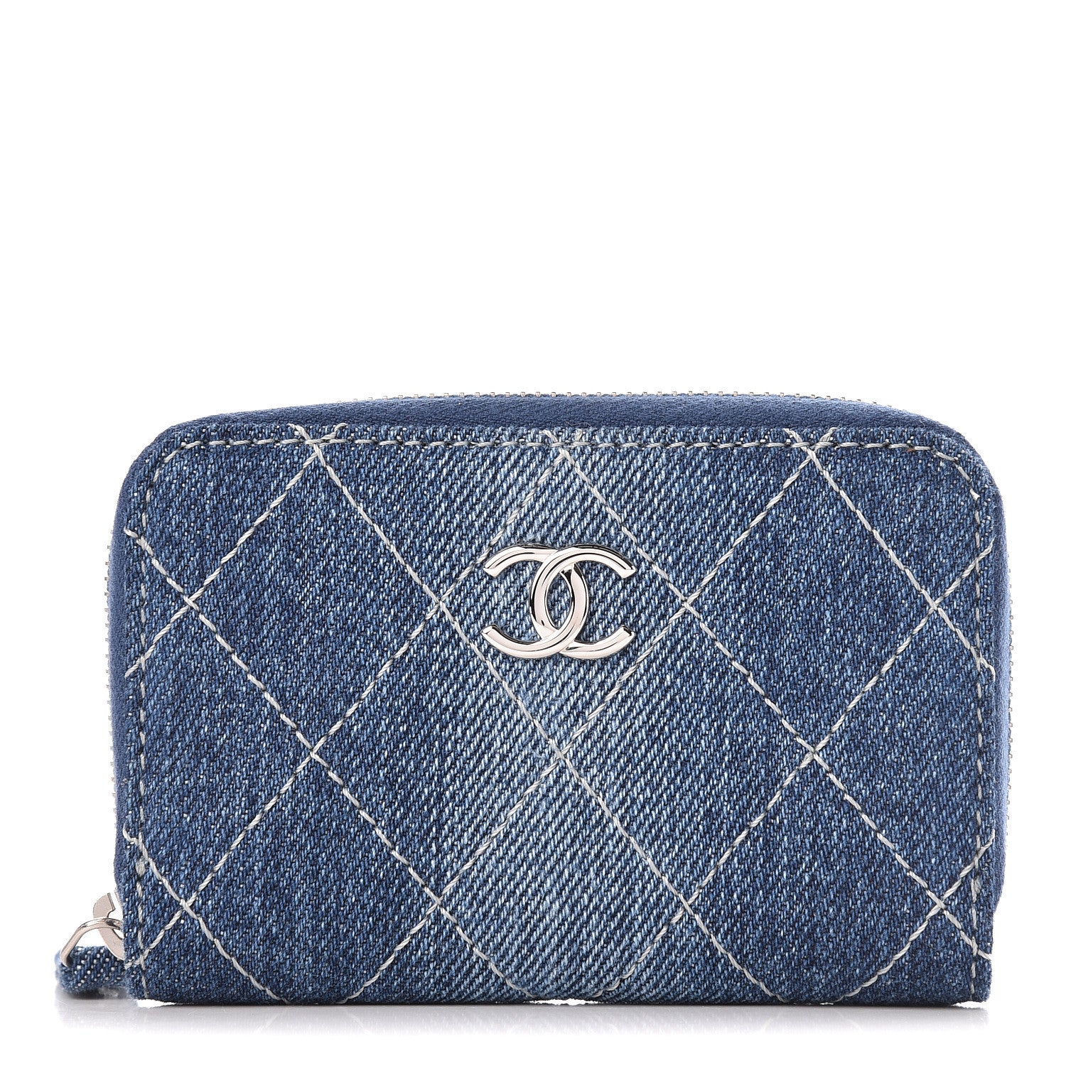Chanel Denim Quilted Zip Coin Purse Blue 1 of 8