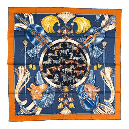Hermes Silk Cavalcades Scarf 90 Ocre Bleu Ardoise Brun 1 of 4