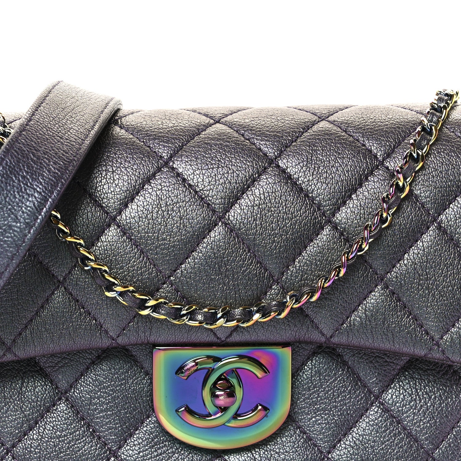 Chanel Iridescent Goatskin Quilted Small Double Carry Waist Chain Flap Purple 8 of 10