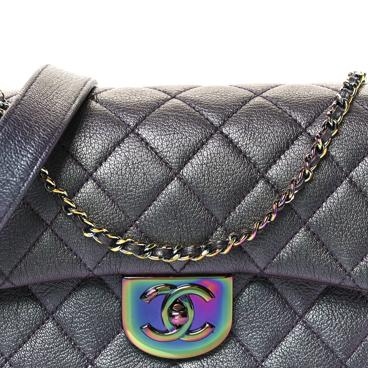 Chanel Iridescent Goatskin Quilted Small Double Carry Waist Chain Flap Purple 8 of 10