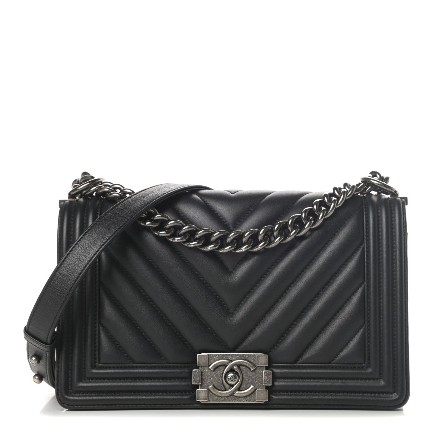 Calfskin Chevron Quilted Medium Boy Flap Black