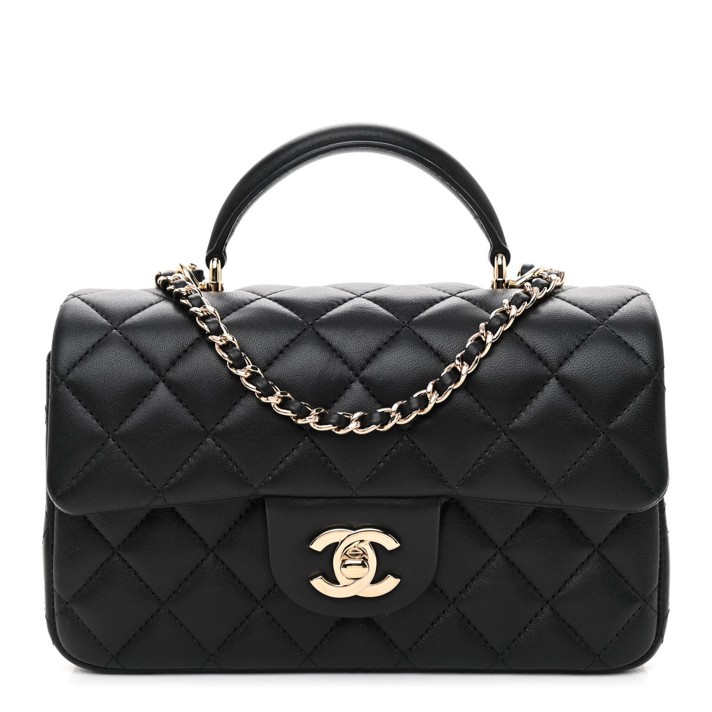 Lambskin Quilted Mini Top Handle Rectangular Flap Black