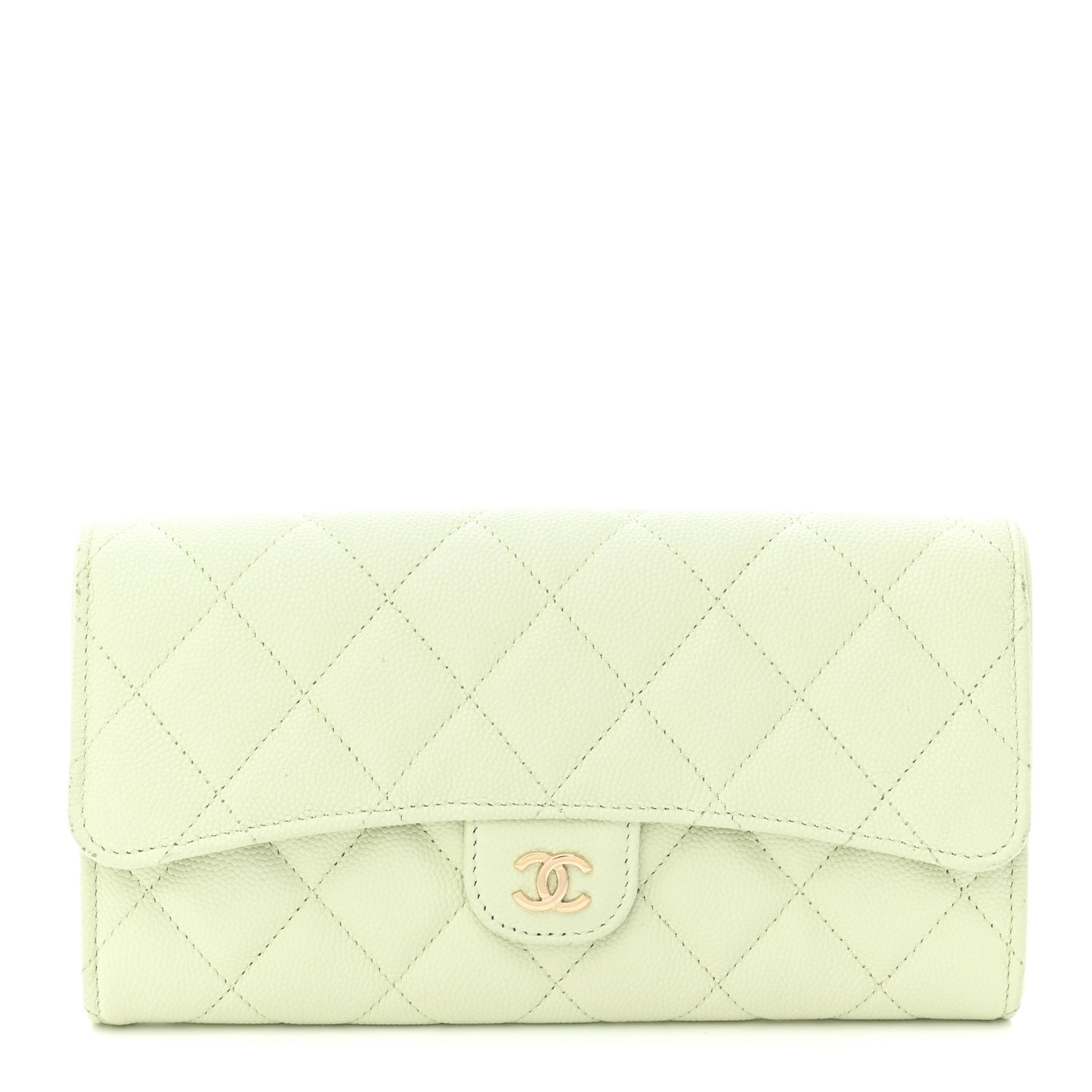 Caviar Quilted Large Gusset Flap Wallet Light Green