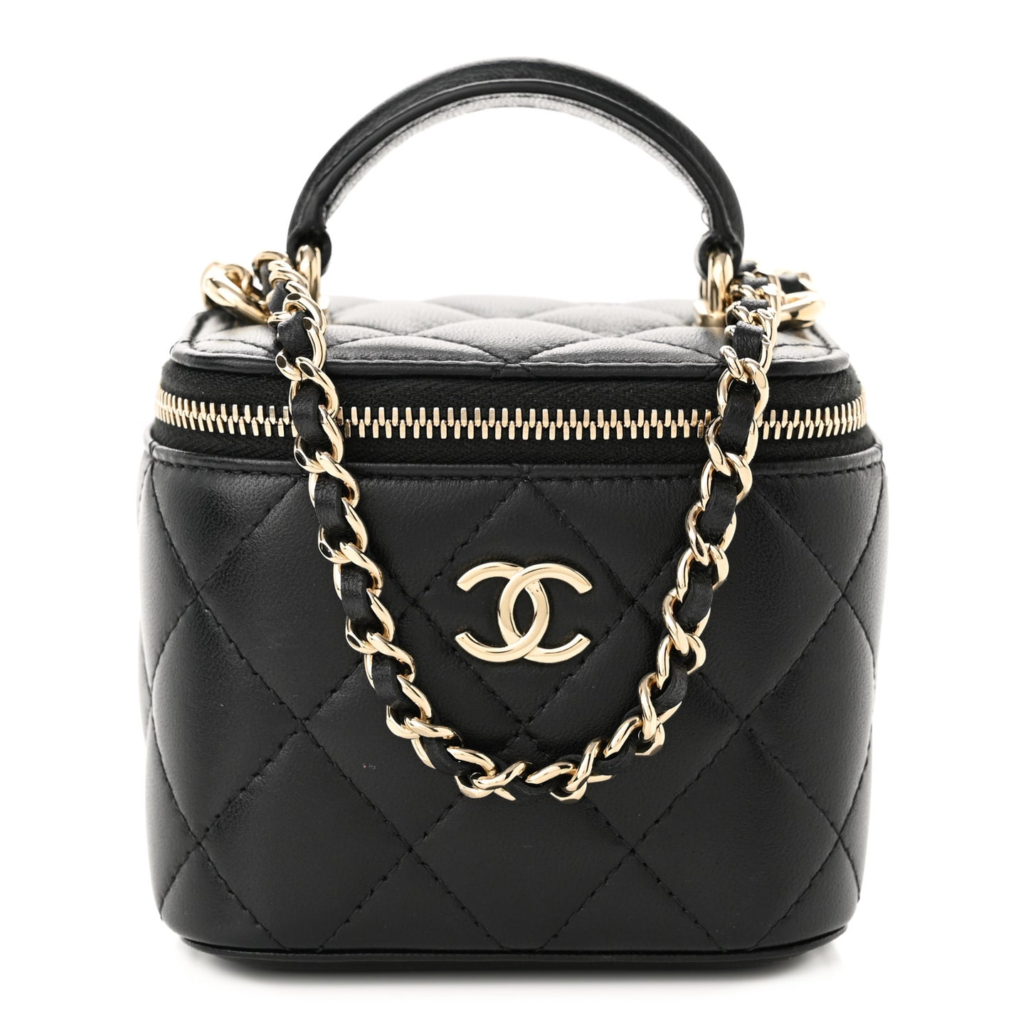 Lambskin Quilted Top Handle Mini Vanity Case With Chain Black