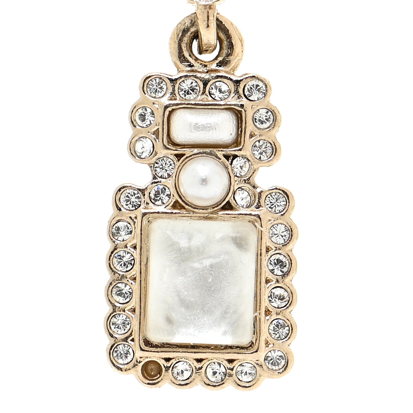 Crystal Pearl CC Perfume Bottle Drop Hoop Earrings Gold