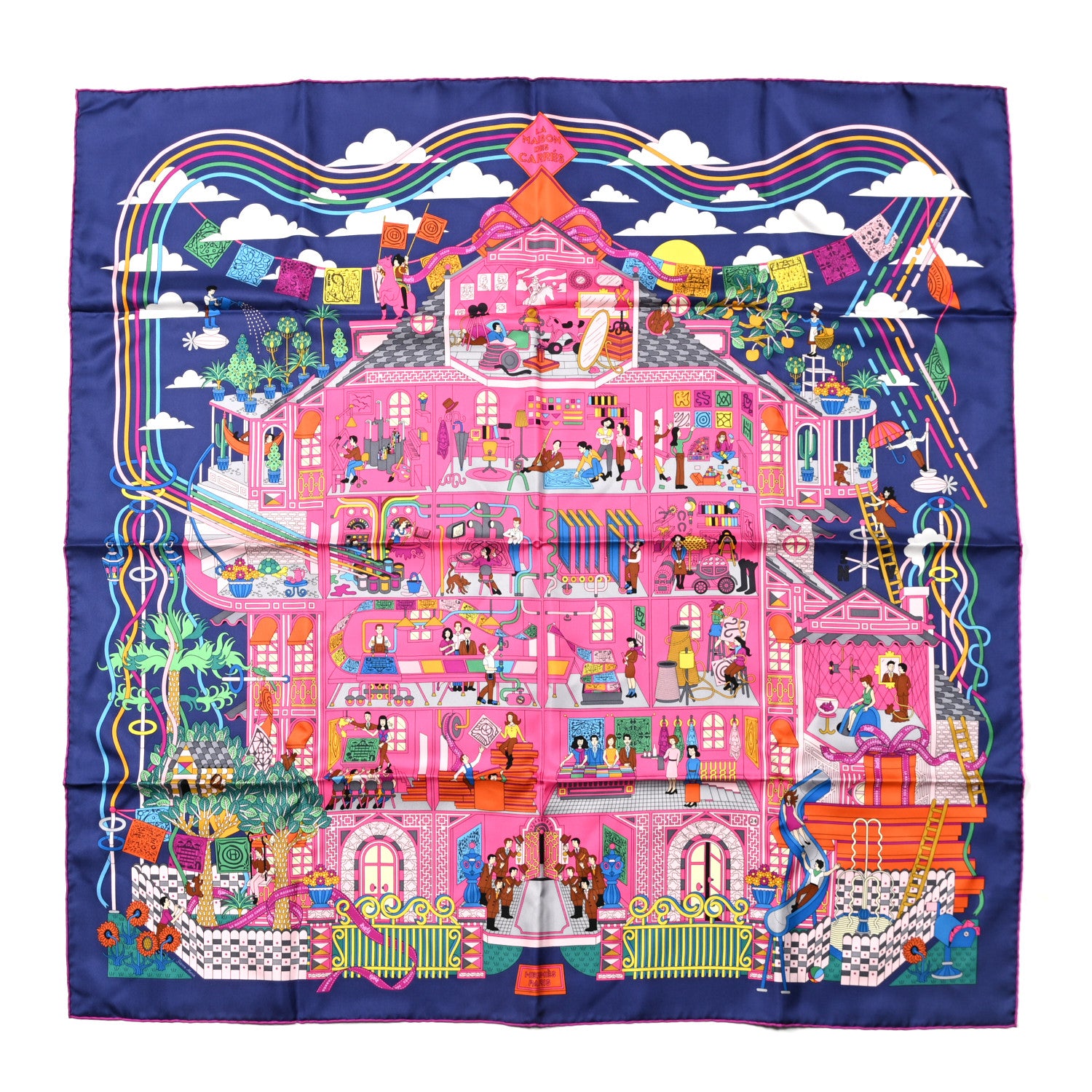 Hermes Silk La Maison des Carres Scarf 90 Marine Rose Vert 1 of 4
