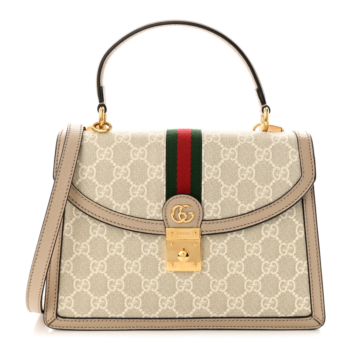 GG Supreme Monogram Textured Dollar Calfskin Web Small Ophidia Padlock Top Handle Bag Beige Mystic White Oatmeal