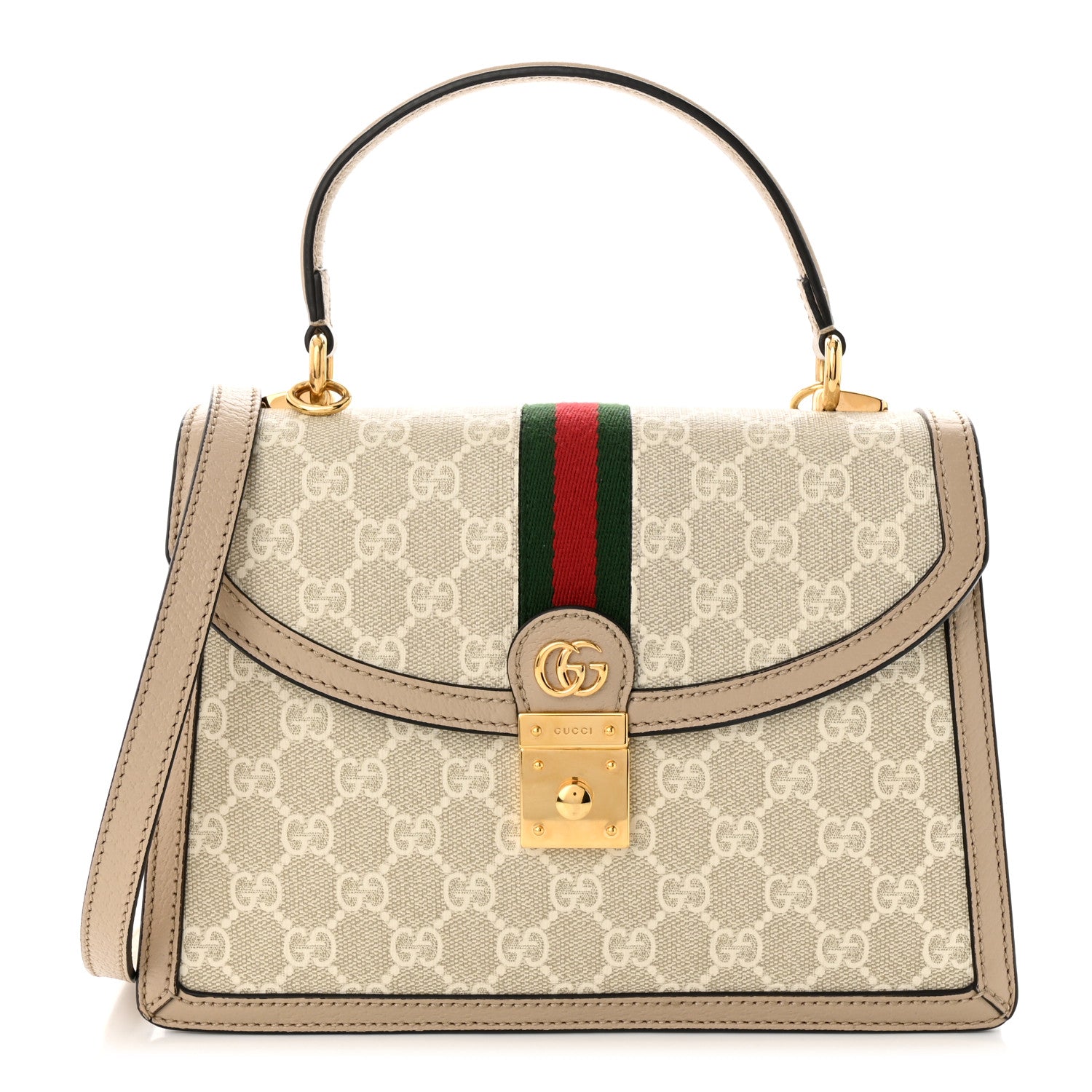 Gucci GG Supreme Monogram Textured Dollar Calfskin Web Small Ophidia Padlock Top Handle Bag Beige Mystic White Oatmeal 1 of 12