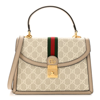 Gucci GG Supreme Monogram Textured Dollar Calfskin Web Small Ophidia Padlock Top Handle Bag Beige Mystic White Oatmeal 1 of 12