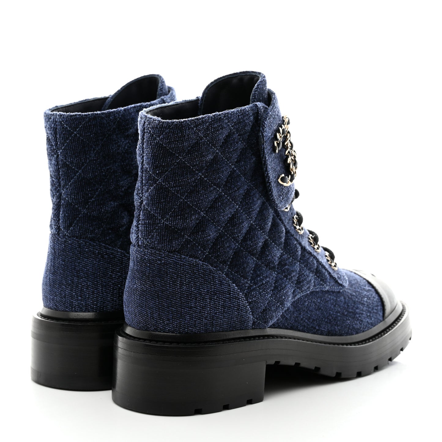 Shiny Calfskin Velvet Quilted Lace Up Combat Boots 38 Blue Black