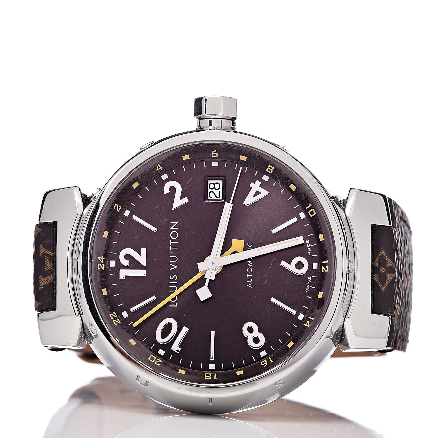 Louis Vuitton Stainless Steel Monogram 39mm Tambour GMT Automatic Watch Brown 3 of 9