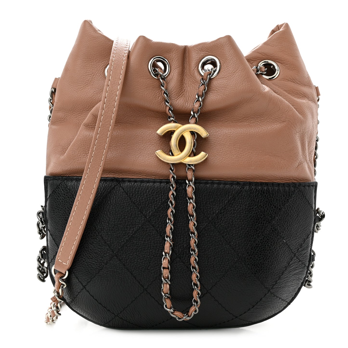Calfskin Quilted Small Gabrielle Bucket Beige Black