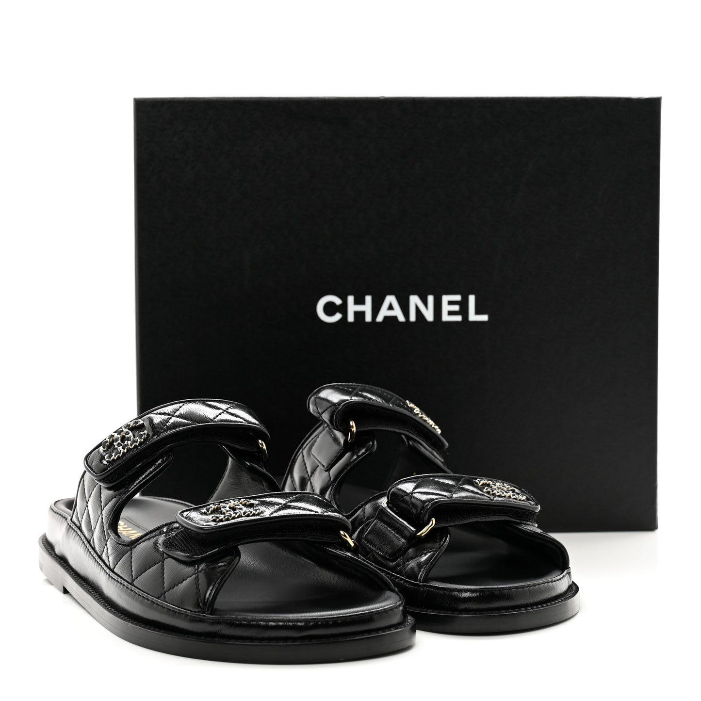 Lambskin Quilted Velcro Dad Chain CC Slide Sandals 38 Black