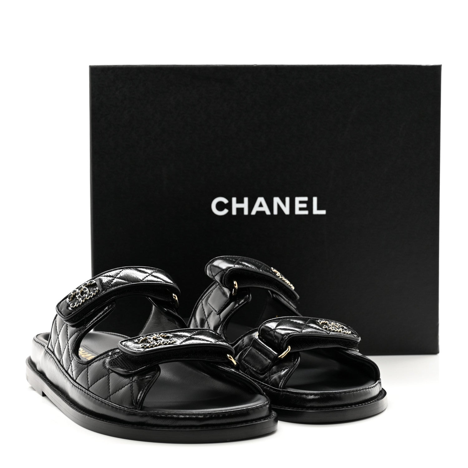 Chanel Lambskin Quilted Velcro Dad Chain CC Slide Sandals 38 Black 2 of 8