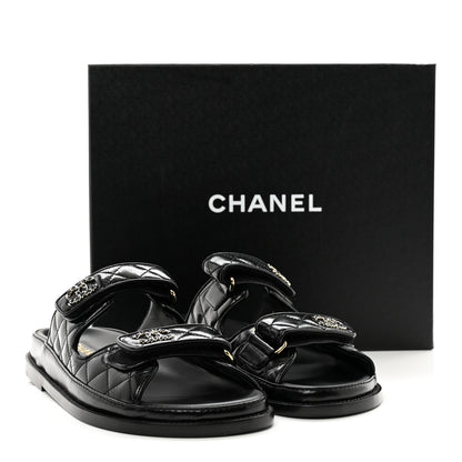 Chanel Lambskin Quilted Velcro Dad Chain CC Slide Sandals 38 Black 2 of 8