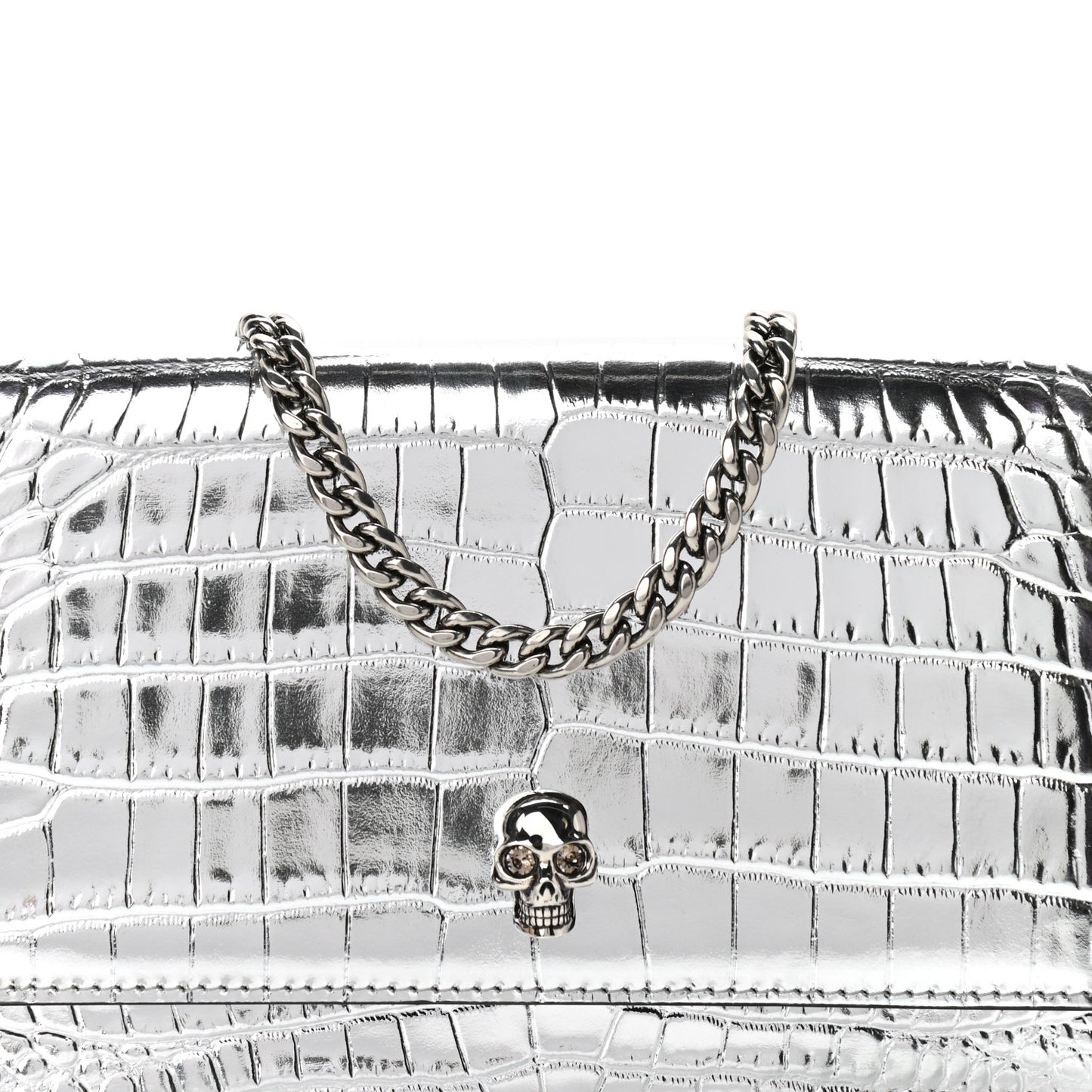 Metallic Calfskin Crocodile Embossed Skull Mini Shoulder Bag Silver