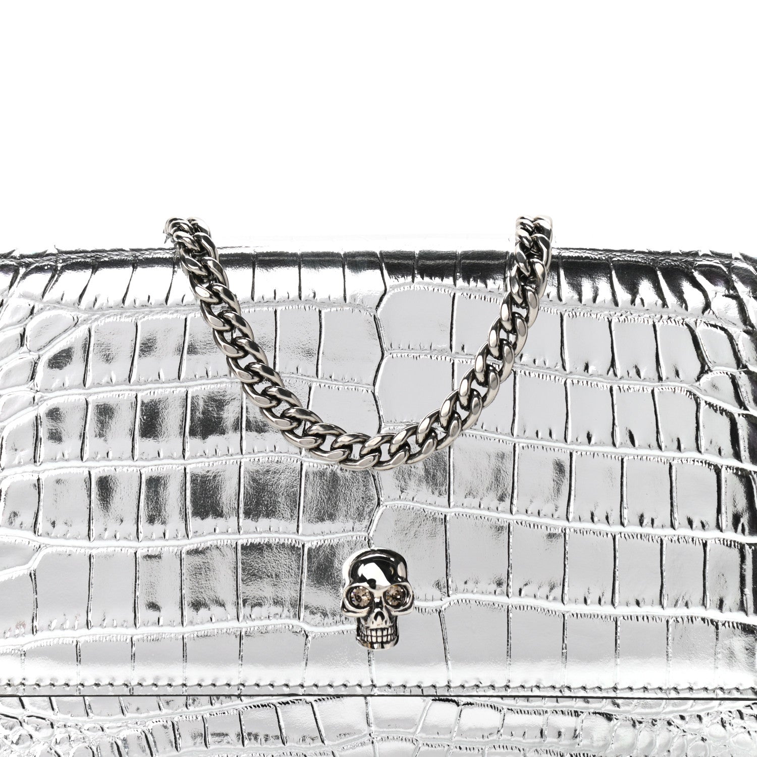 Alexander McQueen Metallic Calfskin Crocodile Embossed Skull Mini Shoulder Bag Silver 7 of 10