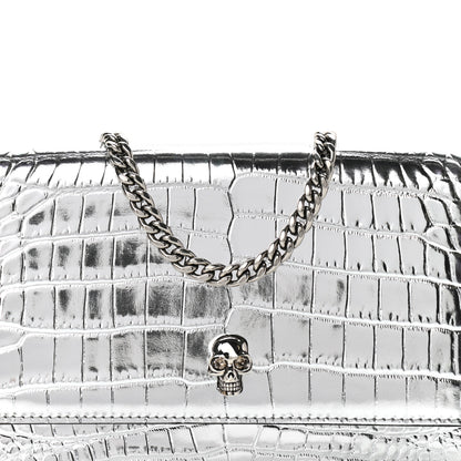 Alexander McQueen Metallic Calfskin Crocodile Embossed Skull Mini Shoulder Bag Silver 7 of 10
