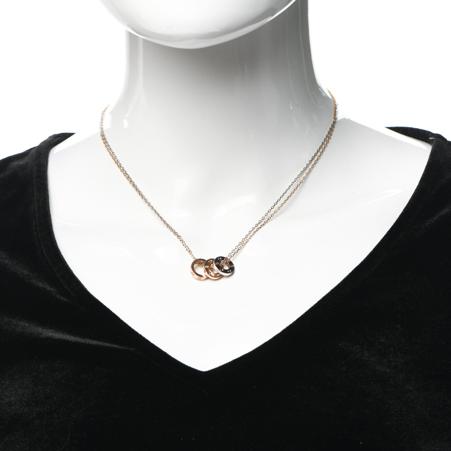 Cartier 18K White Pink Gold Diamond Three Ring LOVE Pendant Necklace 2 of 4