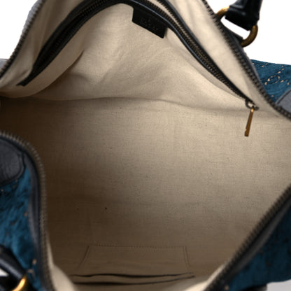 Gucci Velvet GG Monogram Textured Calfskin Web Medium Duffle Bag Blue Beige Black 5 of 13