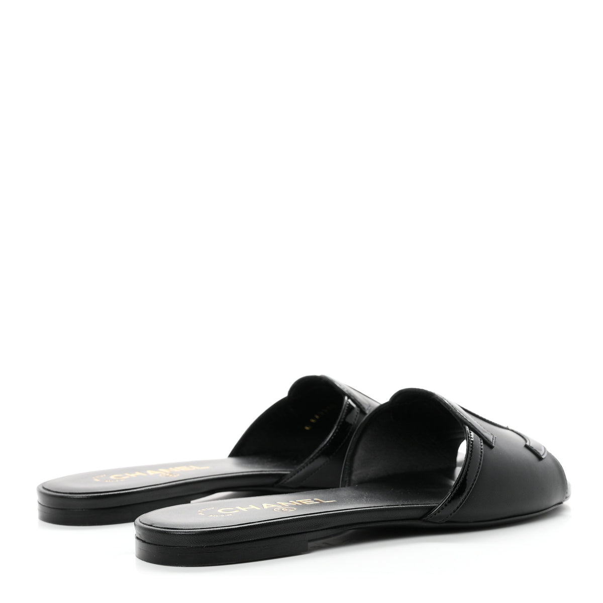 Lambskin Patent Calfskin CC Cutout Mules 37.5 Black