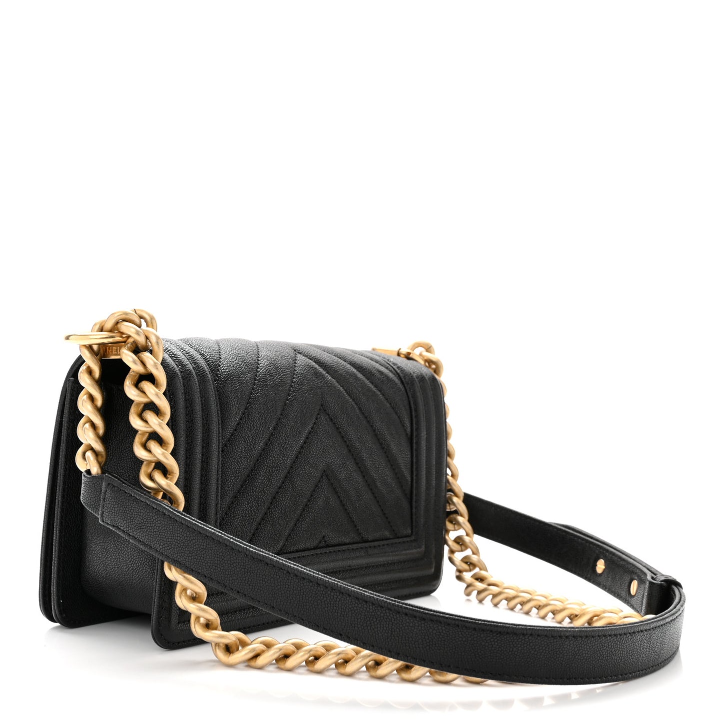 Caviar Chevron Quilted Small Boy Flap Black