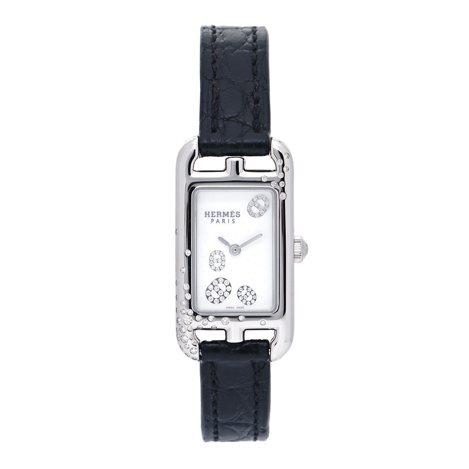 Hermes Stainless Steel Alligator Diamond 17mm Nantucket Quartz Watch Noir 1 of 7
