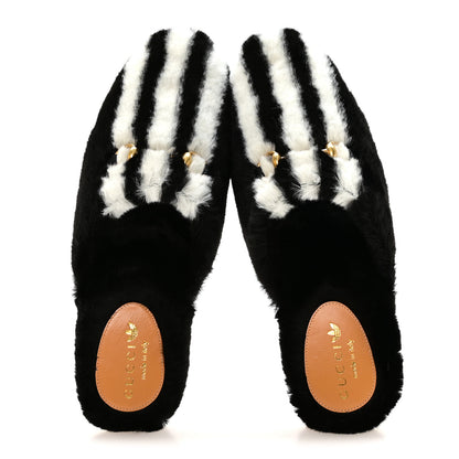 Gucci X ADIDAS Malaga Kid Fur Womens Horsebit Mules 37 Black White 2 of 8