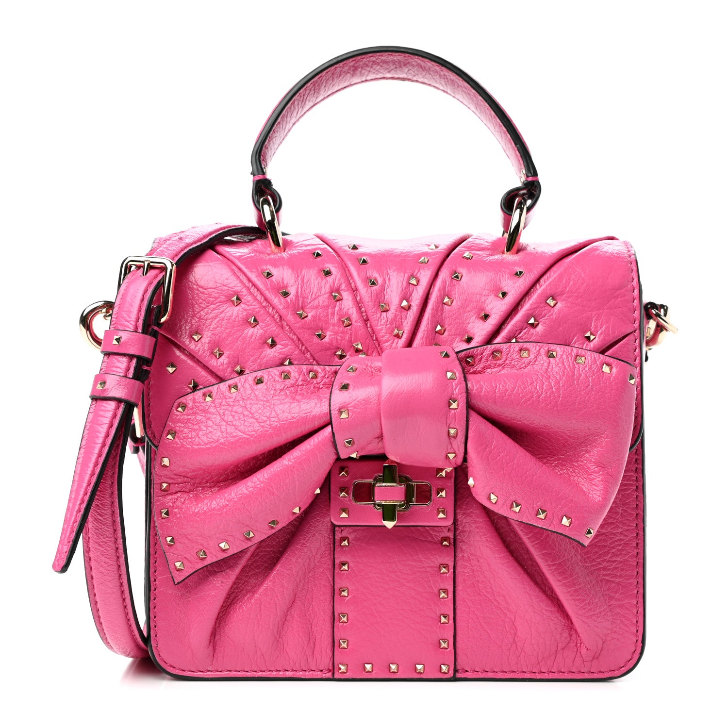 Valentino Garavani Pebbled Calfskin Rockstud Bow Top Handle Bag Pink Orchid 1 of 9