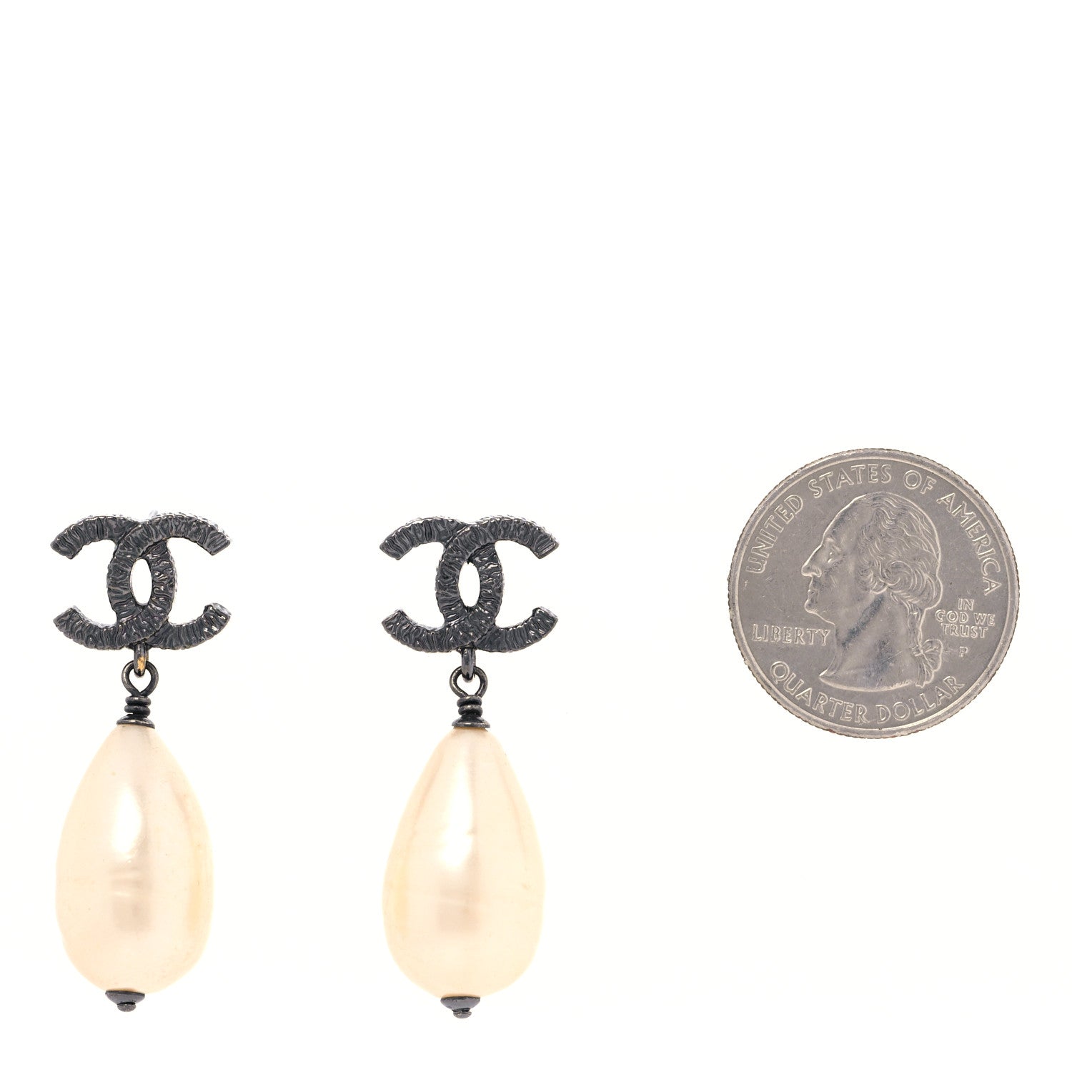 Chanel Ruthenium Pearl CC Drop Earrings Dark Silver 2 of 4