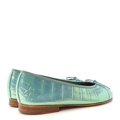Chanel Iridescent Calfskin Crocodile Embossed Ballerina Flats 39 Green 5 of 10