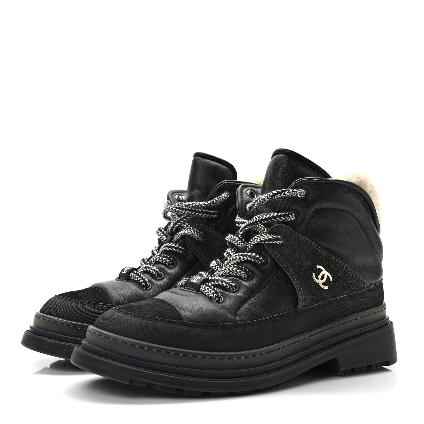 Lambskin Shearling Suede CC High Lace Up Boots 38 Black