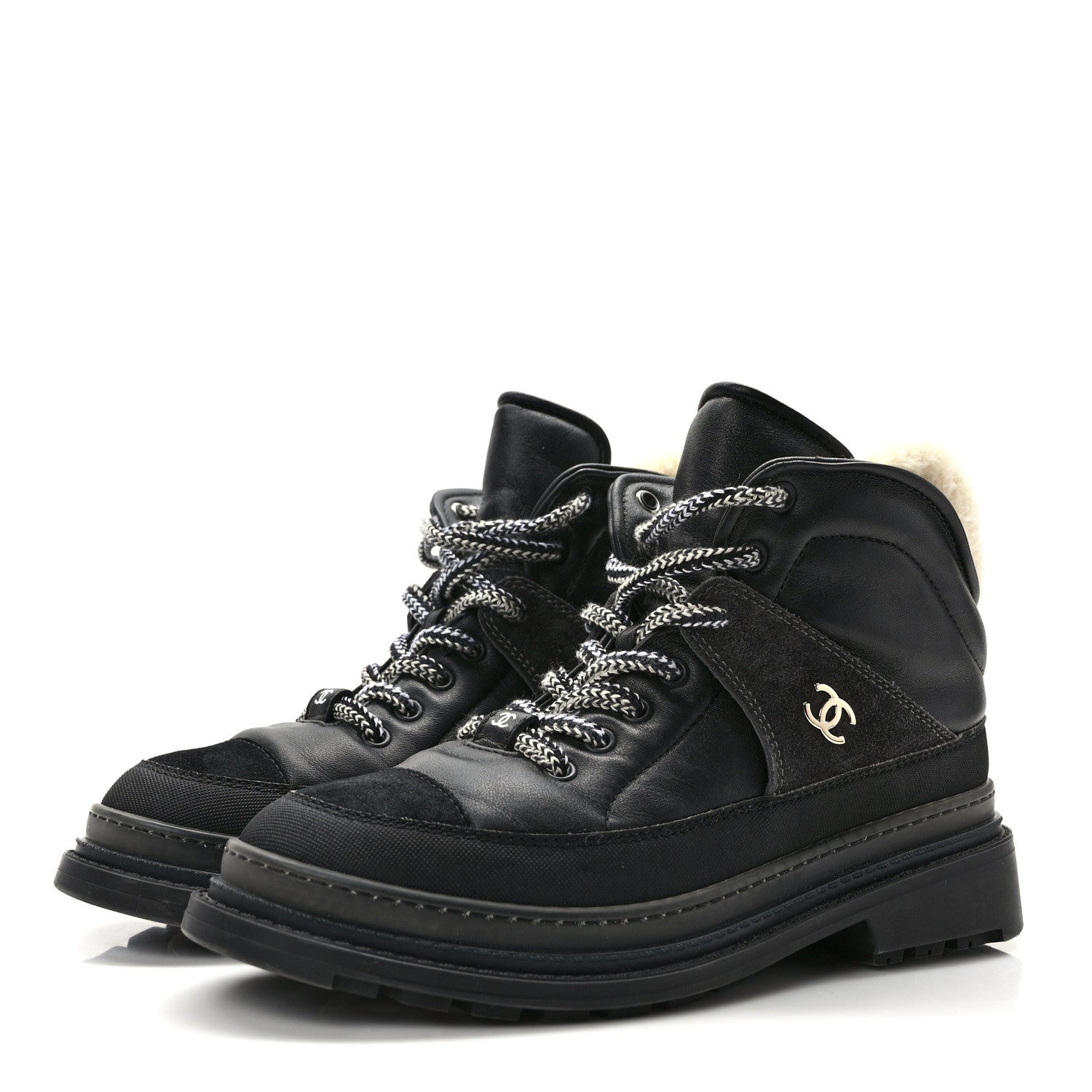 Chanel Lambskin Shearling Suede CC High Lace Up Boots 38 Black 3 of 10