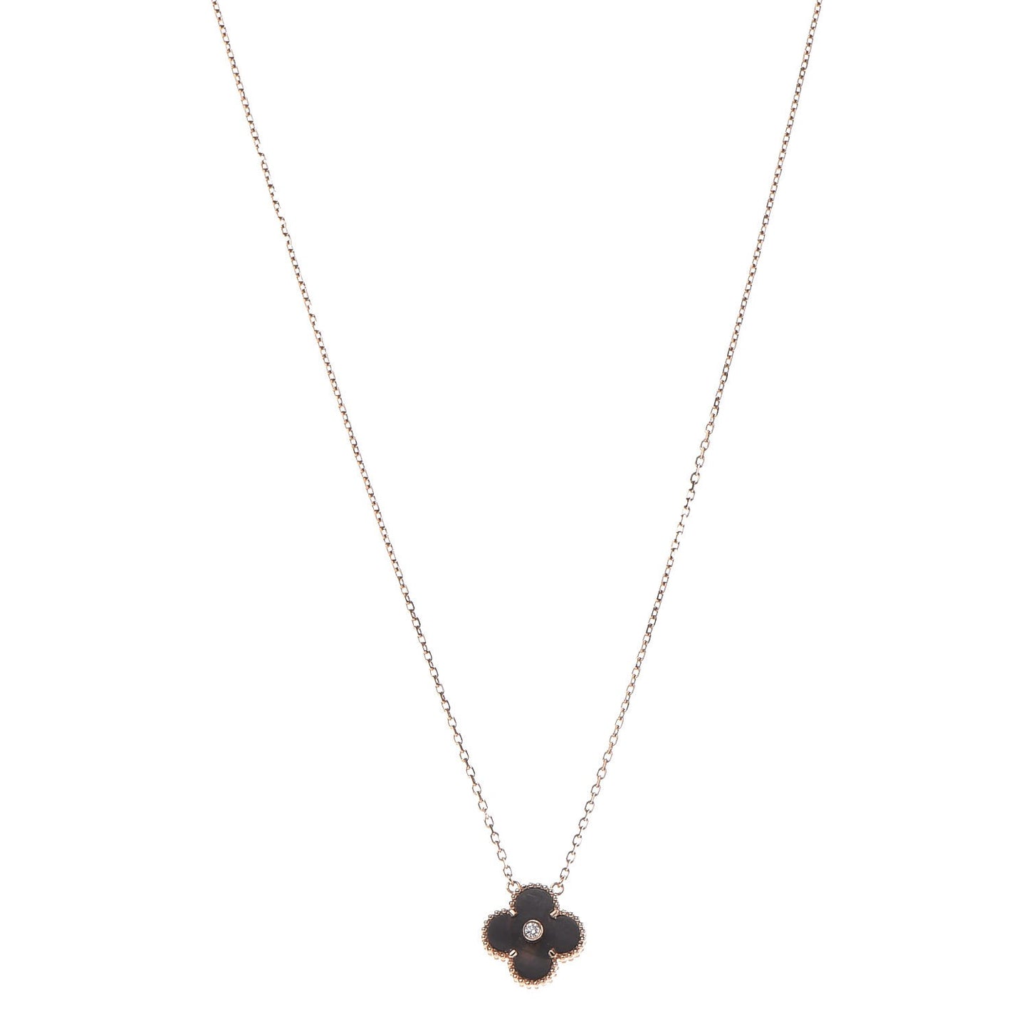 18K Pink Gold Grey Mother of Pearl Diamond Vintage Alhambra Pendant Necklace
