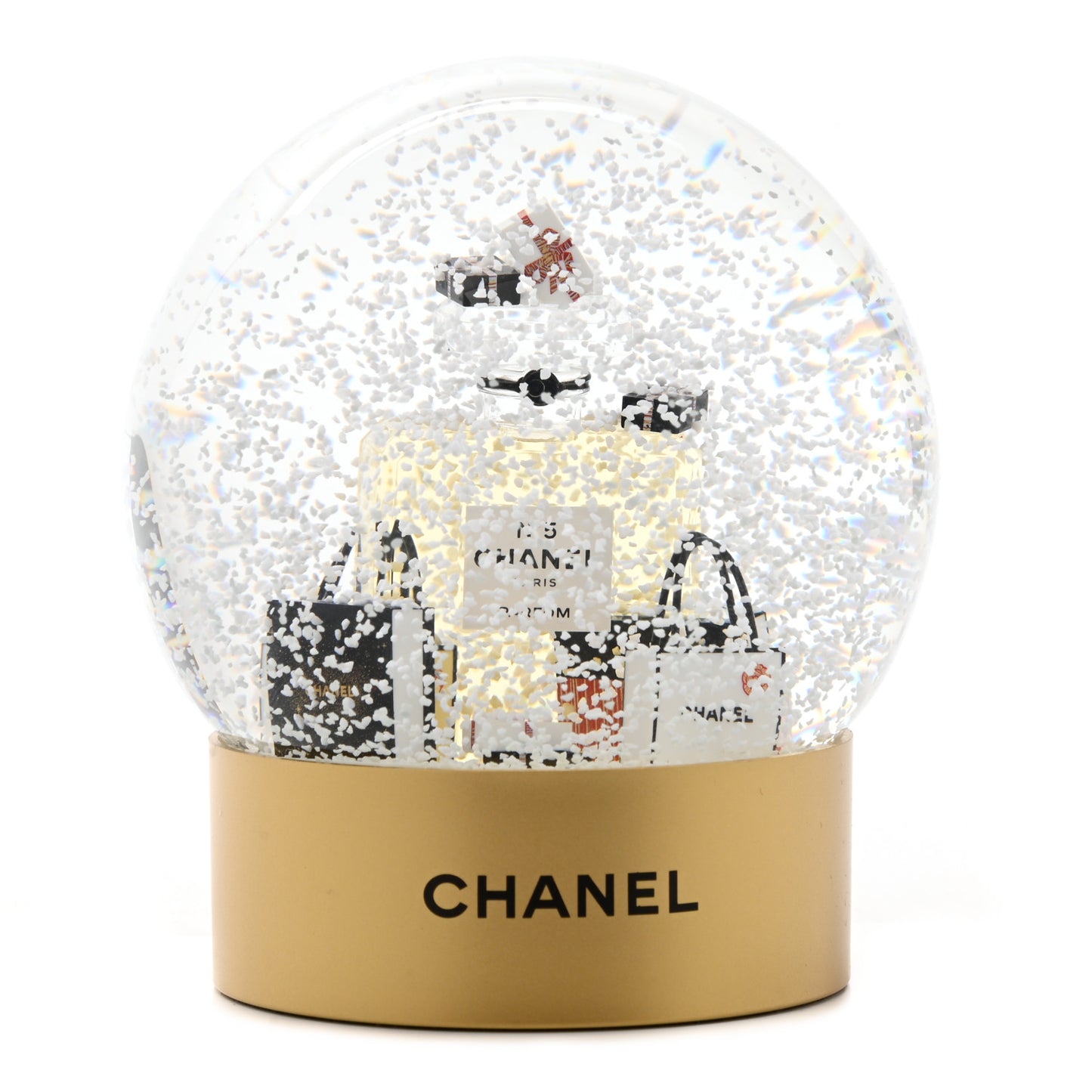Glass N°5 Perfume Bottle Snow Globe Gold