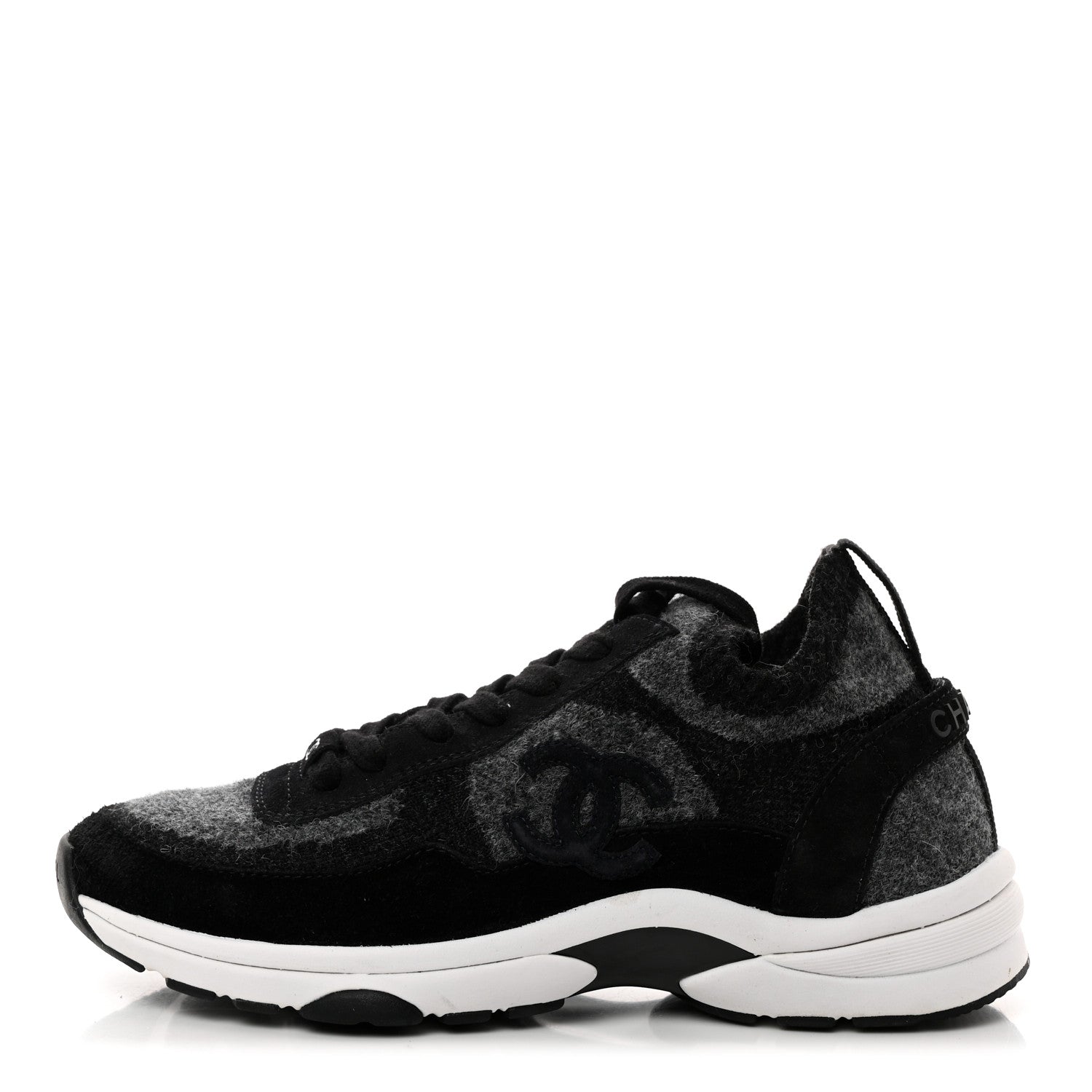 Chanel Fabric Suede Calfskin Womens CC Sneakers 37 Black Grey 1 of 8
