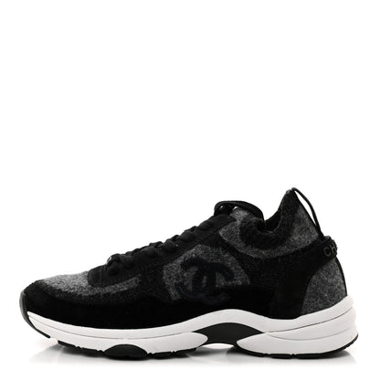 Chanel Fabric Suede Calfskin Womens CC Sneakers 37 Black Grey 1 of 8