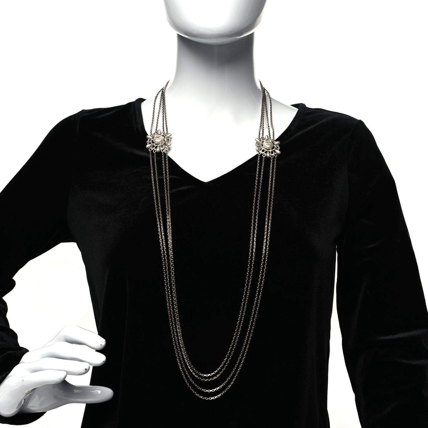Pearl Crystal Chain CC Long Necklace Silver