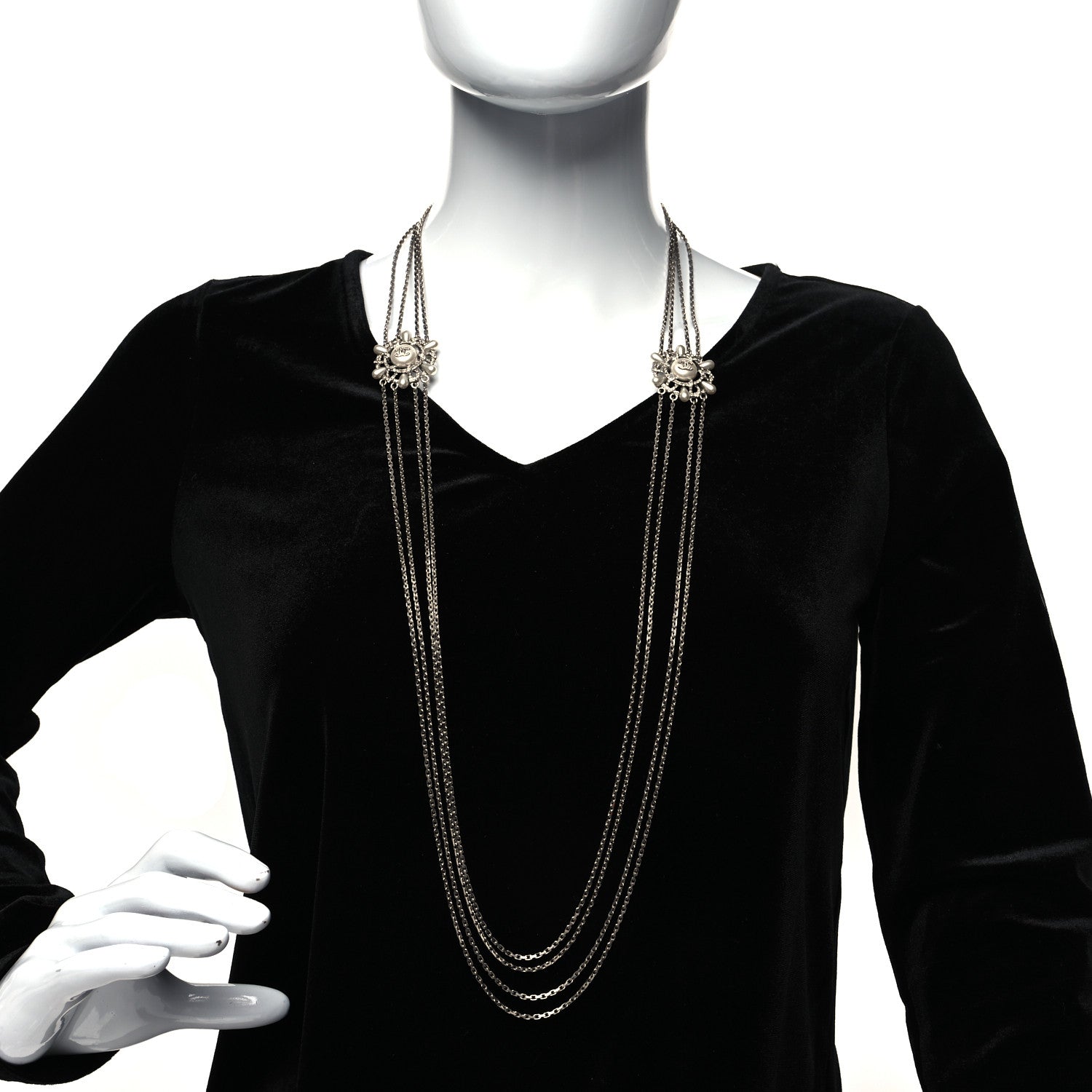 Chanel Pearl Crystal Chain CC Long Necklace Silver 2 of 5