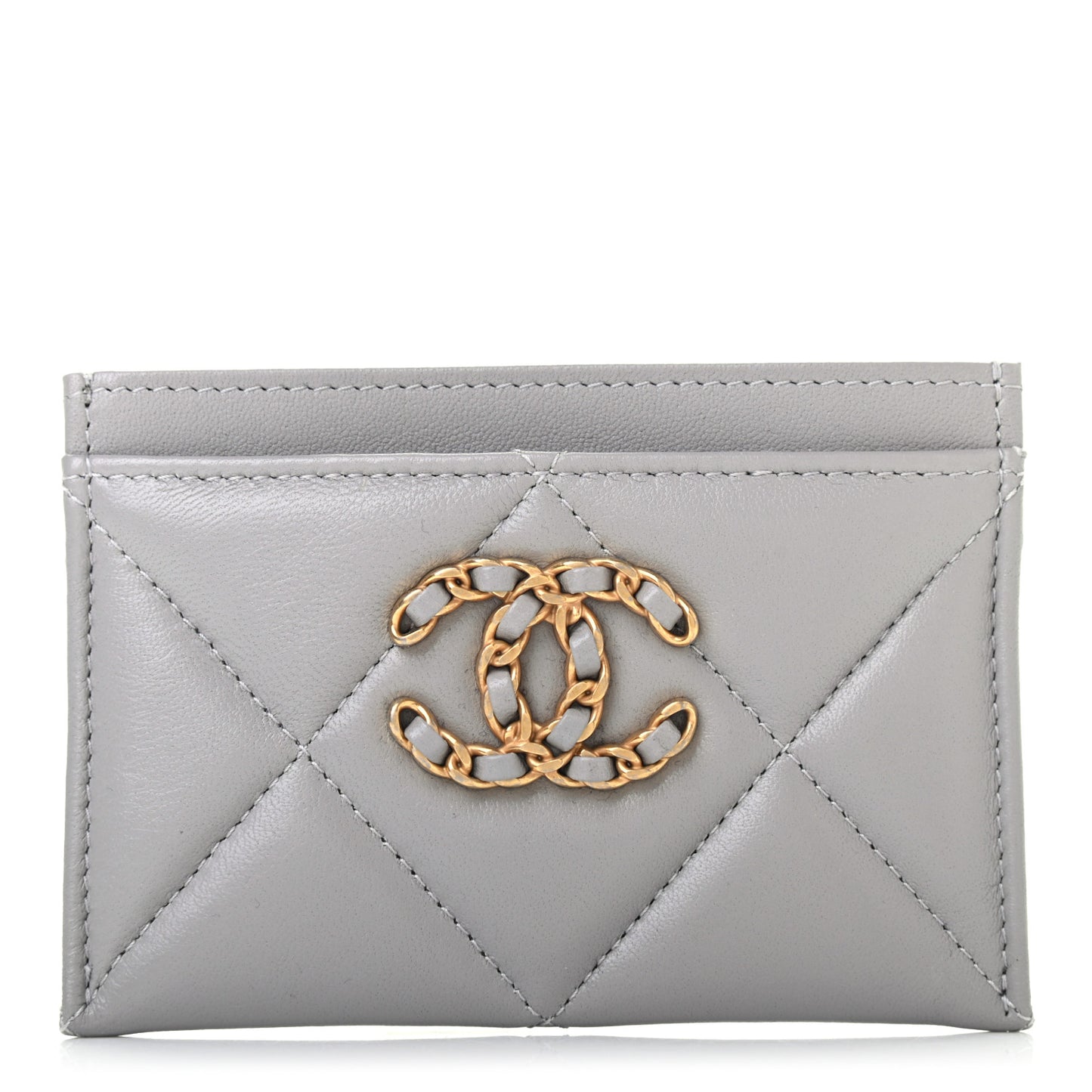 Lambskin Quilted Chanel 19 Card Holder Grey