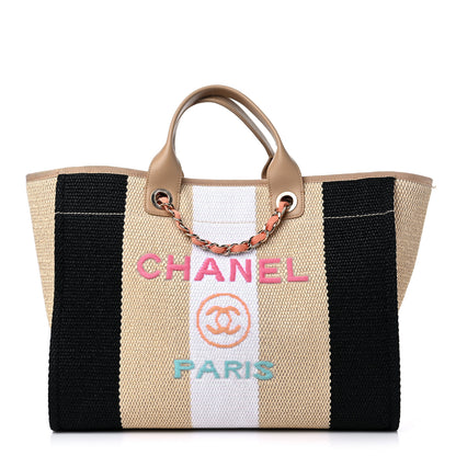 Chanel Straw Raffia Calfskin Striped Medium Deauville Tote Black Beige Ivory 1 of 10