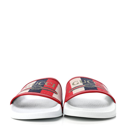 Gucci Canvas Sylvie Stripe Logo Pursuit Slide Sandals 39 Mystic White Hibiscus Red Maritime 2 of 10